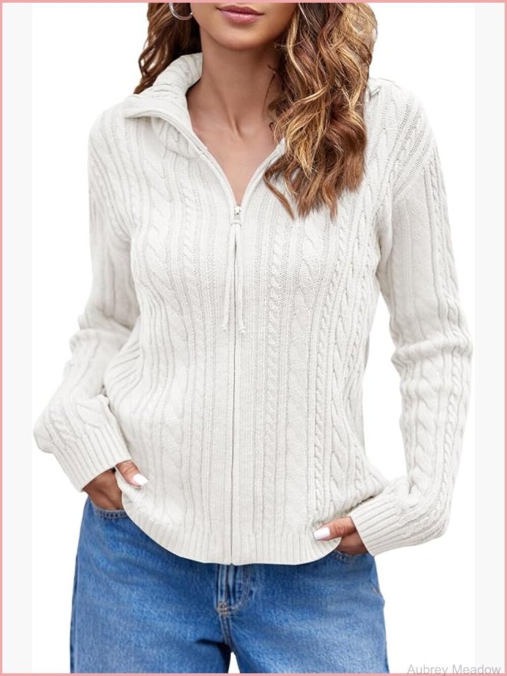 Cable Knit Zip Up Cardigan Sweater Open Front Long Sleeve Vintage